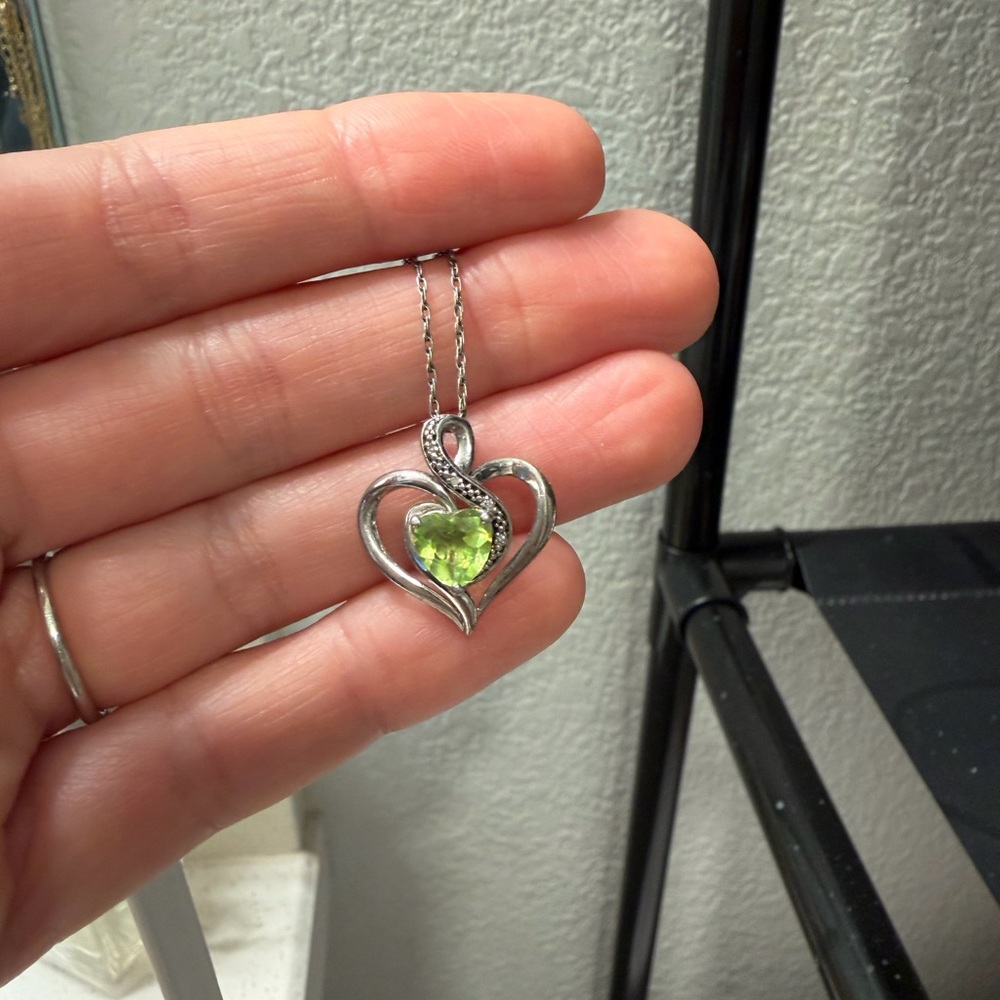 Silver Heart Pendant Necklace with Green Gemstone